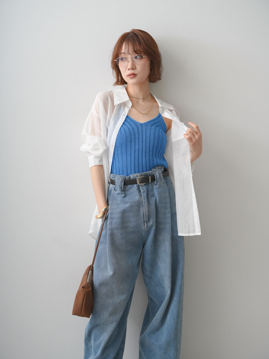 [SET]バックツイストシアーオーバーシャツ+ハイウエストベルトループデザインデニムパンツ(2set)