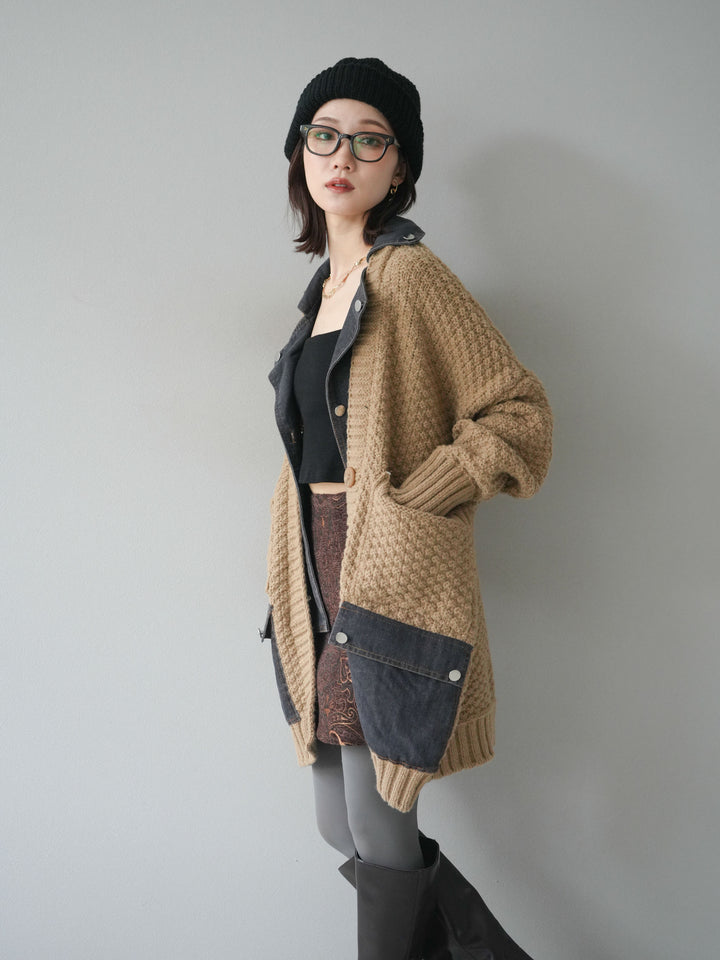 [予約]デニム襟レイヤードニットジャケット/beige