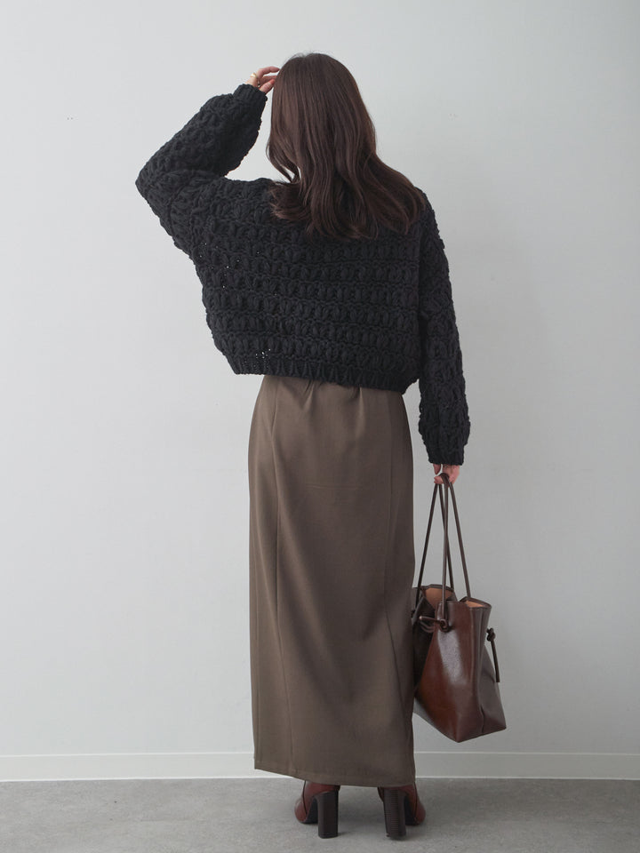 [SET]ループクロップニットトップス+クレープデシンフラップ付きストレートスカート(2set)