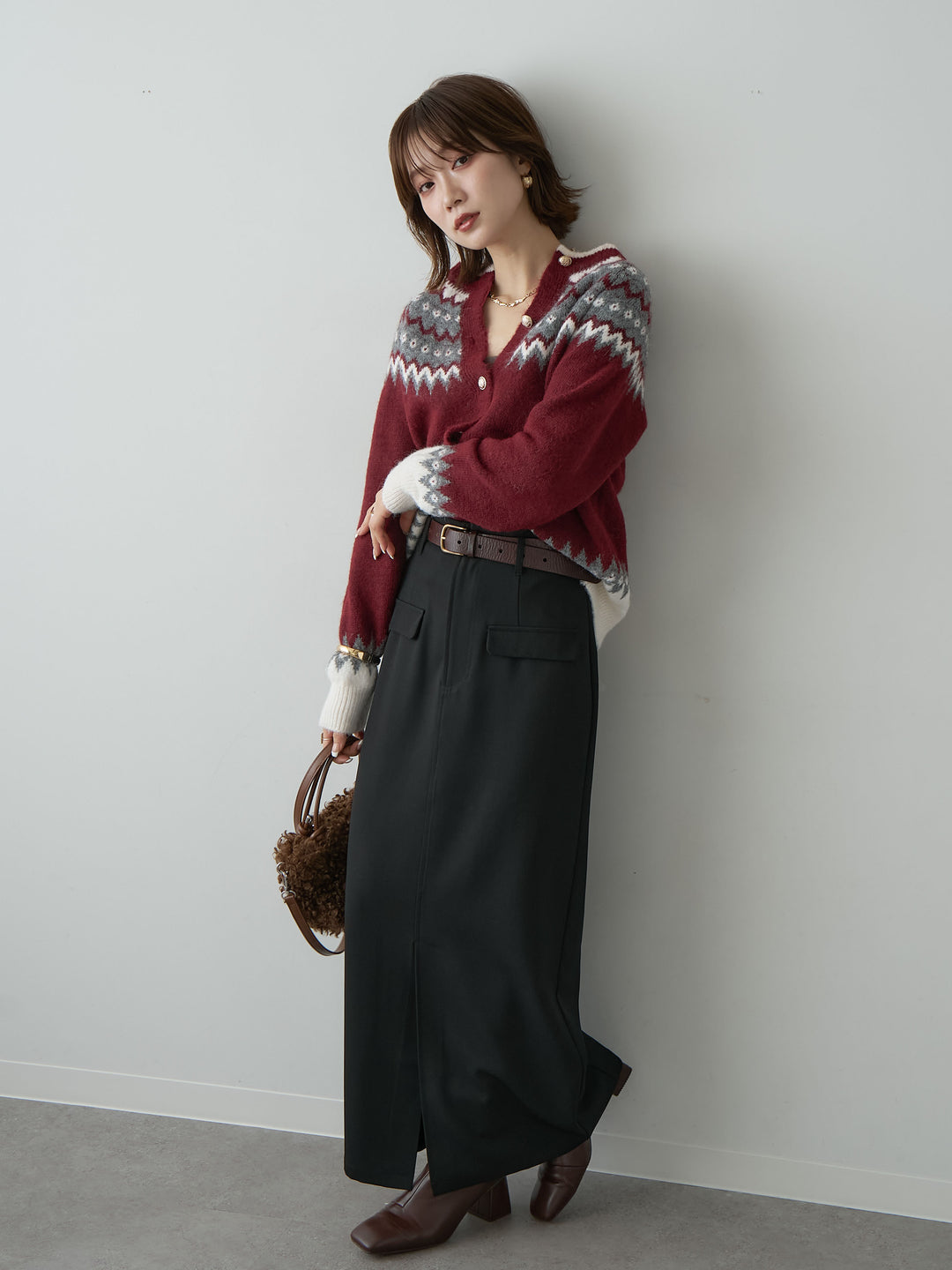 [SET]メタルボタンノルディックカーディガン+クレープデシンフラップ付きストレートスカート(2set)