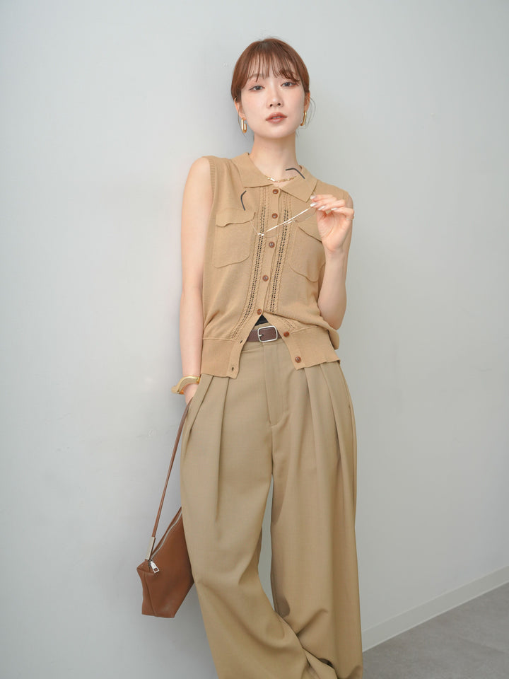 [予約]ダブルポケットポロニットトップス/beige