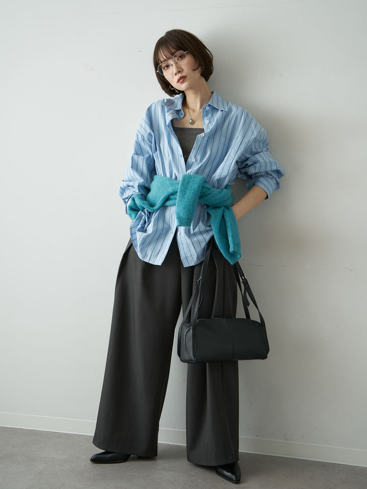 [SET]ストライプオーバーシャツ+ツイルタックワイドパンツ(2set)