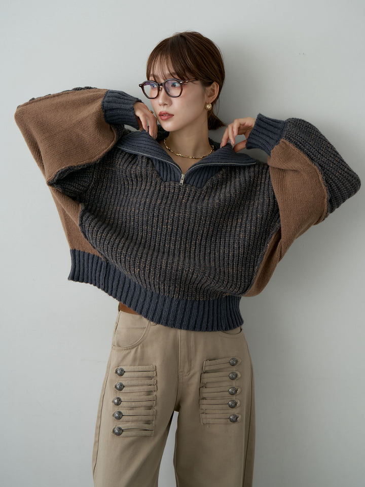 [予約]バイカラーハーフジップリブニットトップス/navy