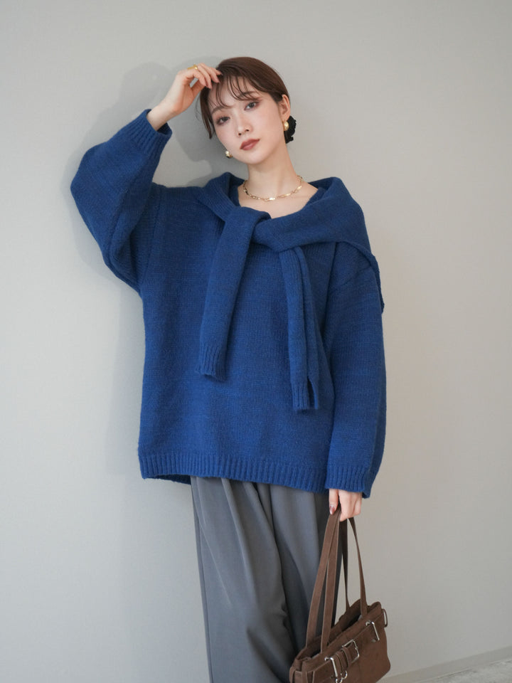 [予約]ストール付きVネックニットプルオーバー/blue