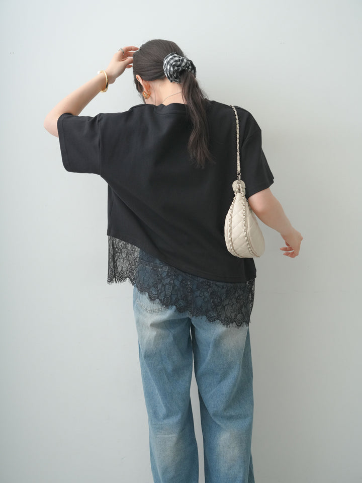 [SET]アシメレースヘムワイドTEE+グラフィックスクラッチワイドデニム(2set)