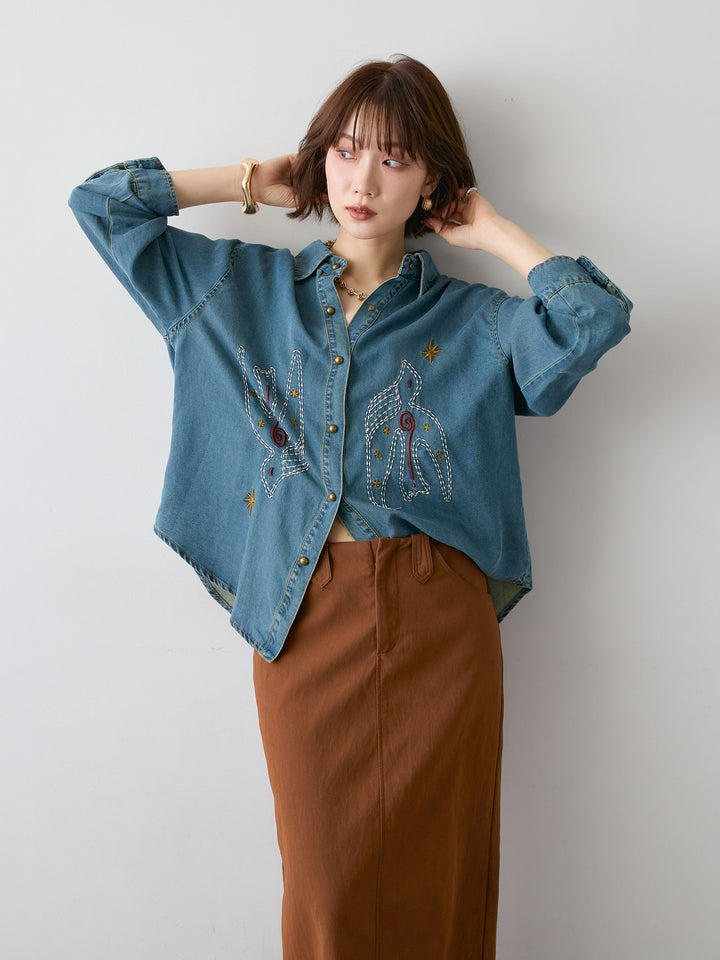 [予約]モチーフ刺繍デニムシャツ/blue