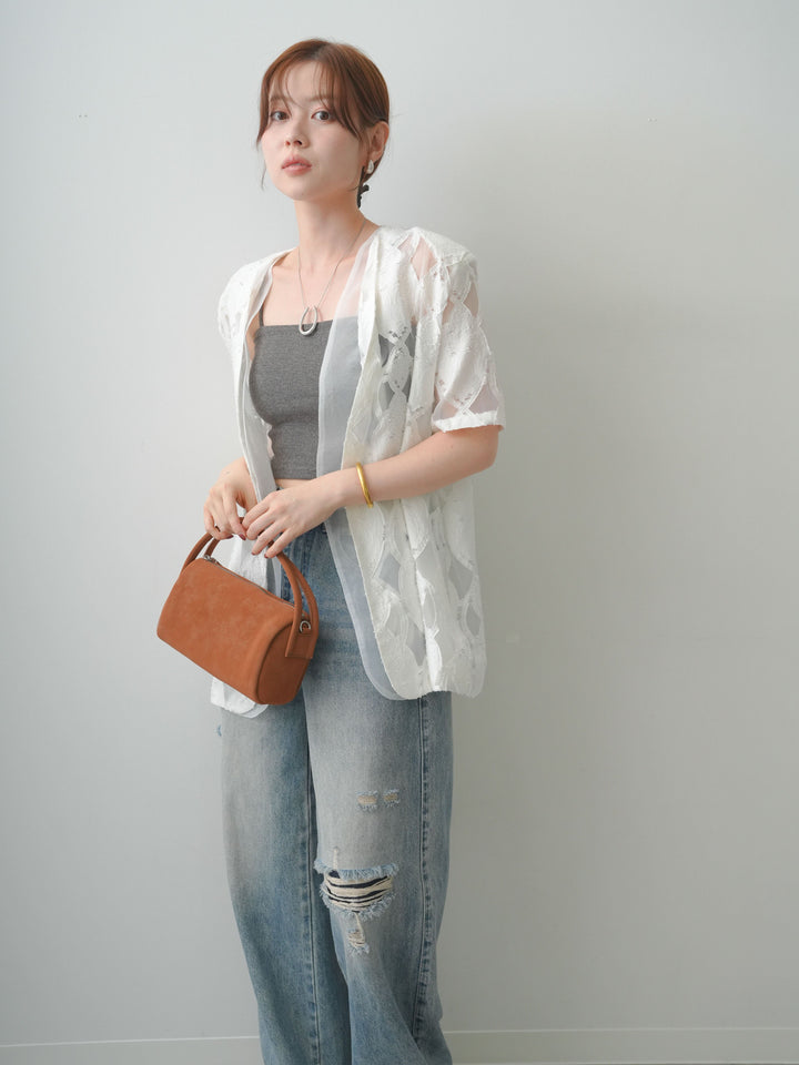 [SET]シアージャガードショルダーパッドハーフジャケット+ダメージデニムセミワイドパンツ(2set)