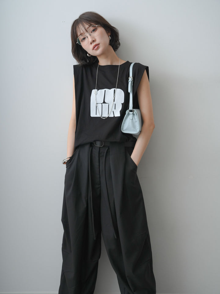 [SET]ワイドネックプリントTEE+ショルダータックノースリーブオーバーTEE(2set)