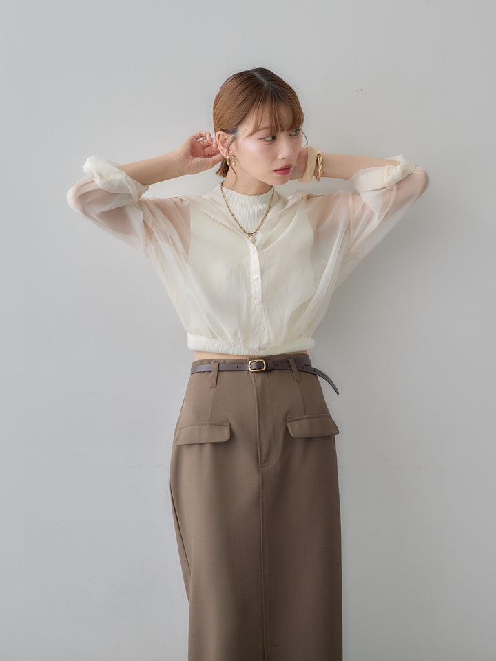 [SET]シアーニットコンビレイヤードデザイントップス+クレープデシンフラップ付きストレートスカート(2set)