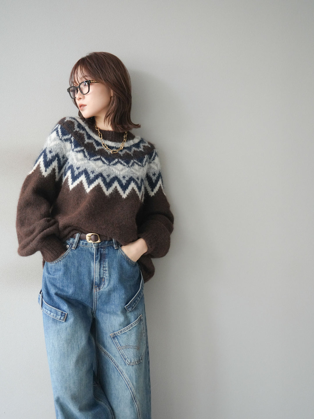 [SET]求心柄オーバーニットプルオーバー+ペインターカーブデニムパンツ(2set)