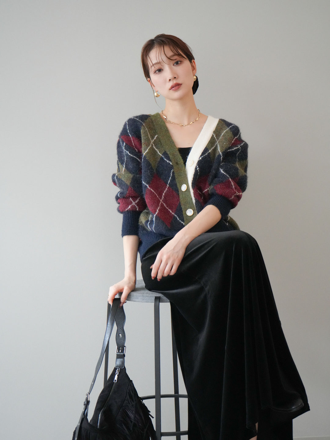 [予約]配色アーガイル柄ニットカーディガン/green