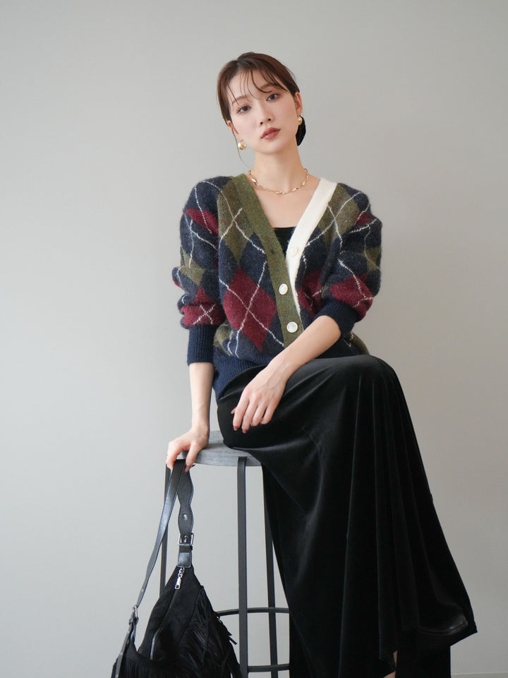 [予約]配色アーガイル柄ニットカーディガン/green