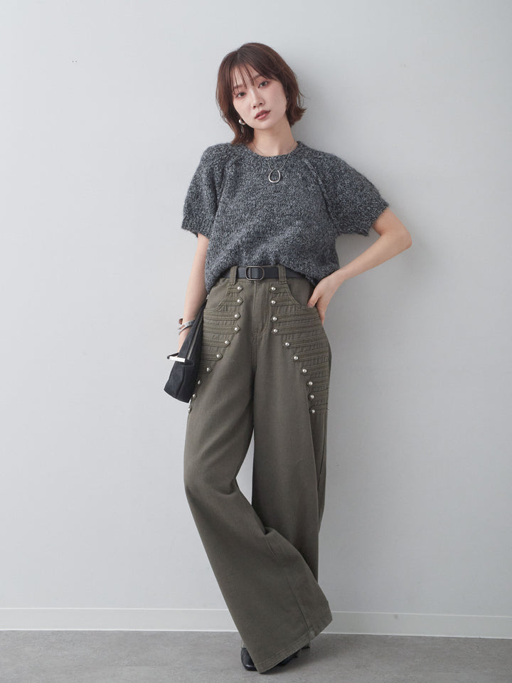 [SET]メランジショートニットトップス+ナポレオンワイドストレートパンツ(2set)