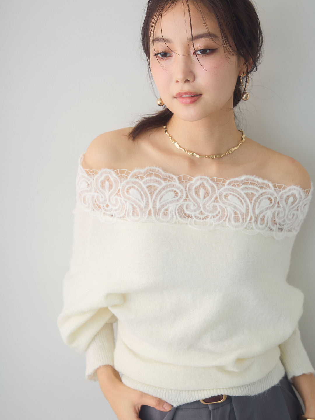 [SET]ショルダーレースオフショルニットトップス+ベルトループデザインワイドパンツ(2set)