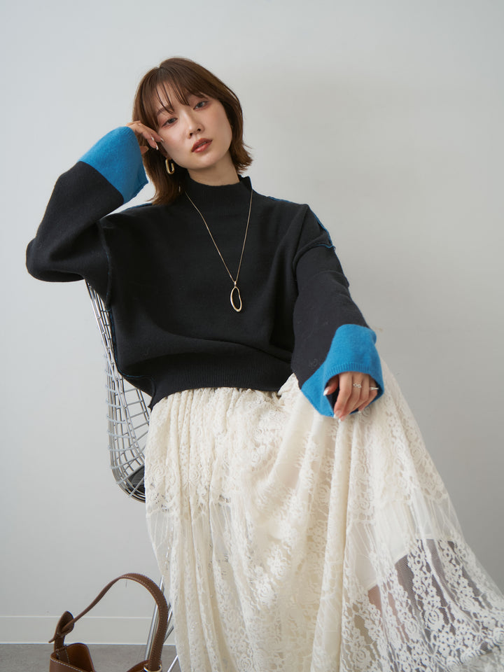 [予約]バイカラートリムワイドハイネックニットトップス/black