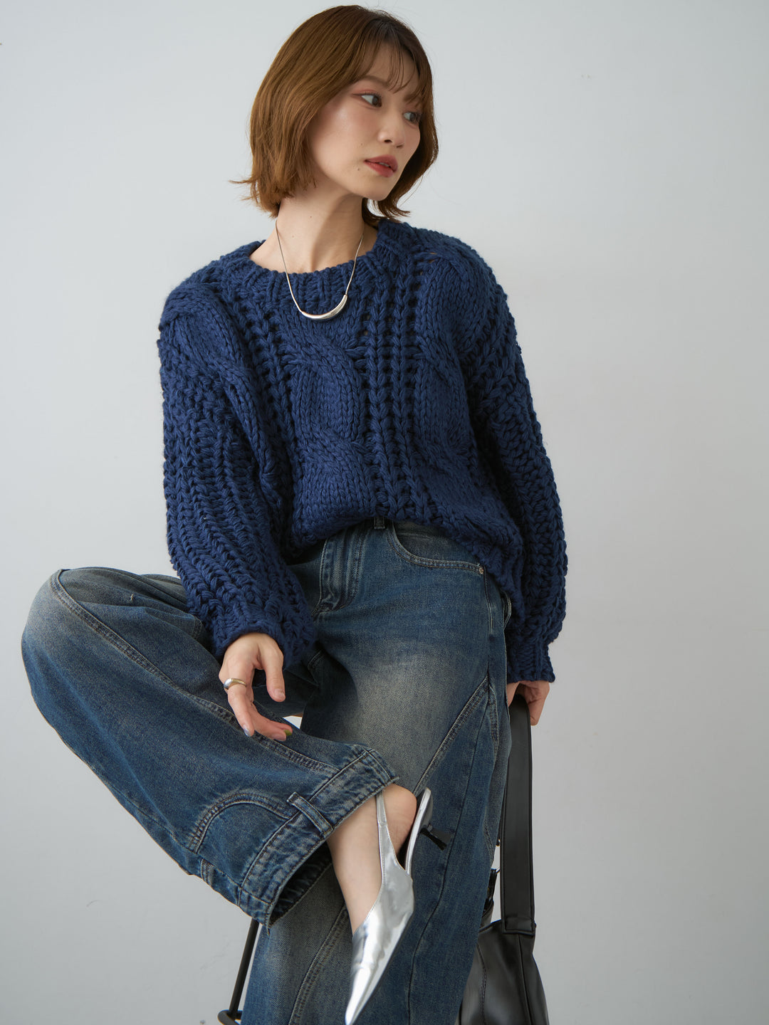 [予約]ボリュームケーブルニットプルオーバー/navy