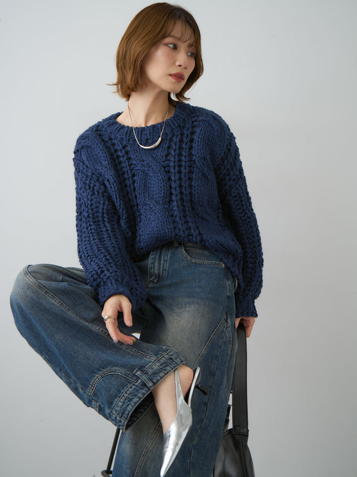 [予約]ボリュームケーブルニットプルオーバー/navy