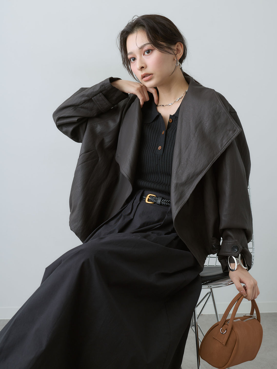 [SET]ニットコンビフレアワンピース+ドレープレザーショートジャケット(2set)
