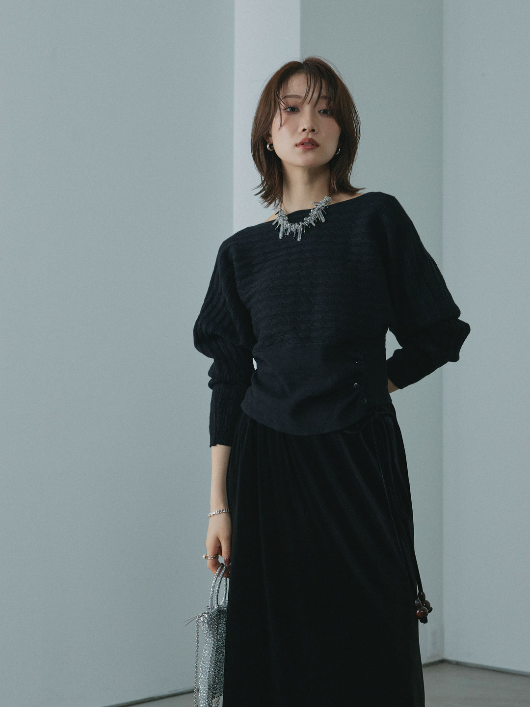 【Allure】[SET]ワンショルケーブル編みニット+ベロアナロースカート(2set)