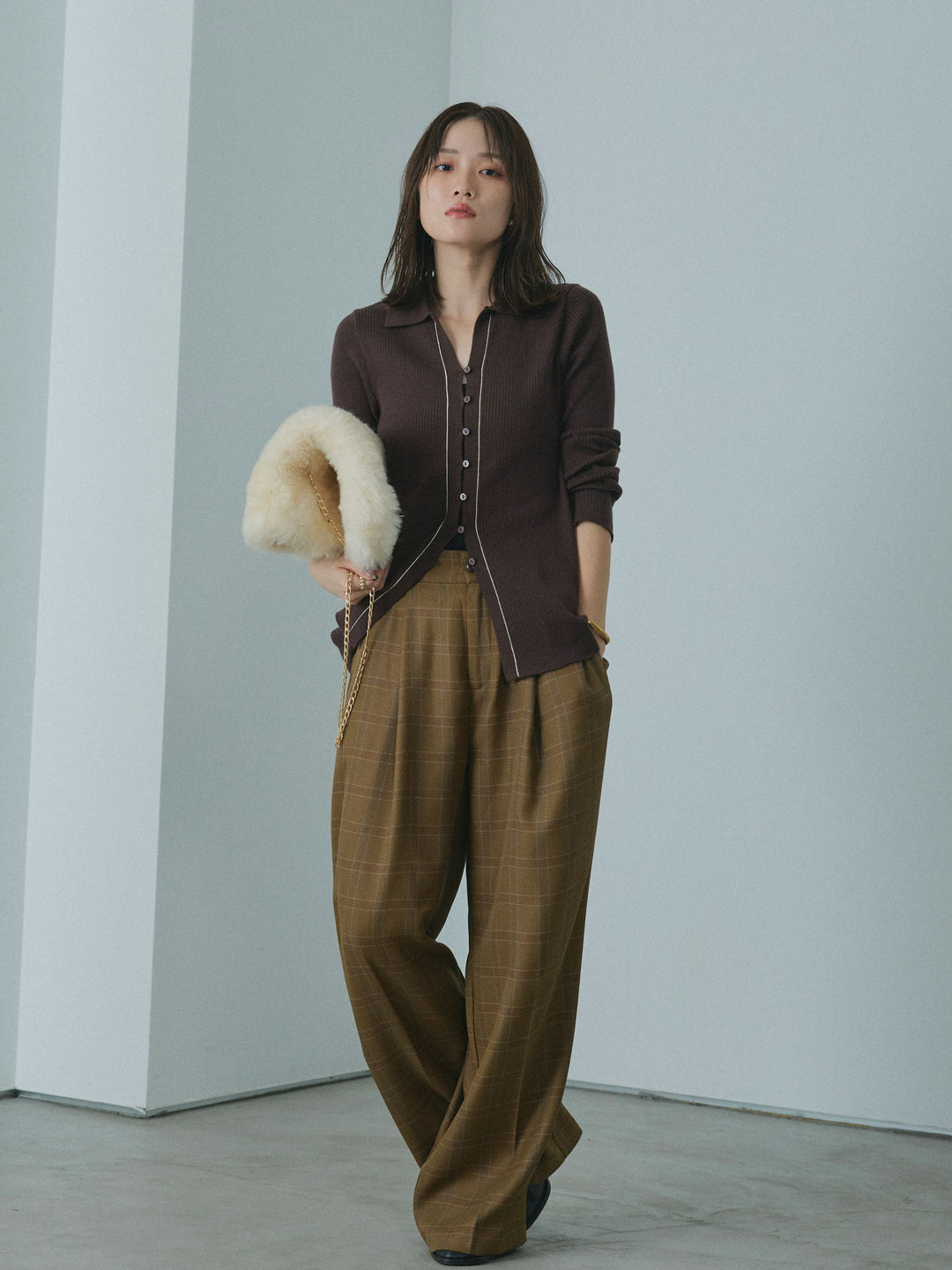 【Allure】[SET]リブ配色ラインポロニットカーディガン+杢チェックタックパンツ(2set)