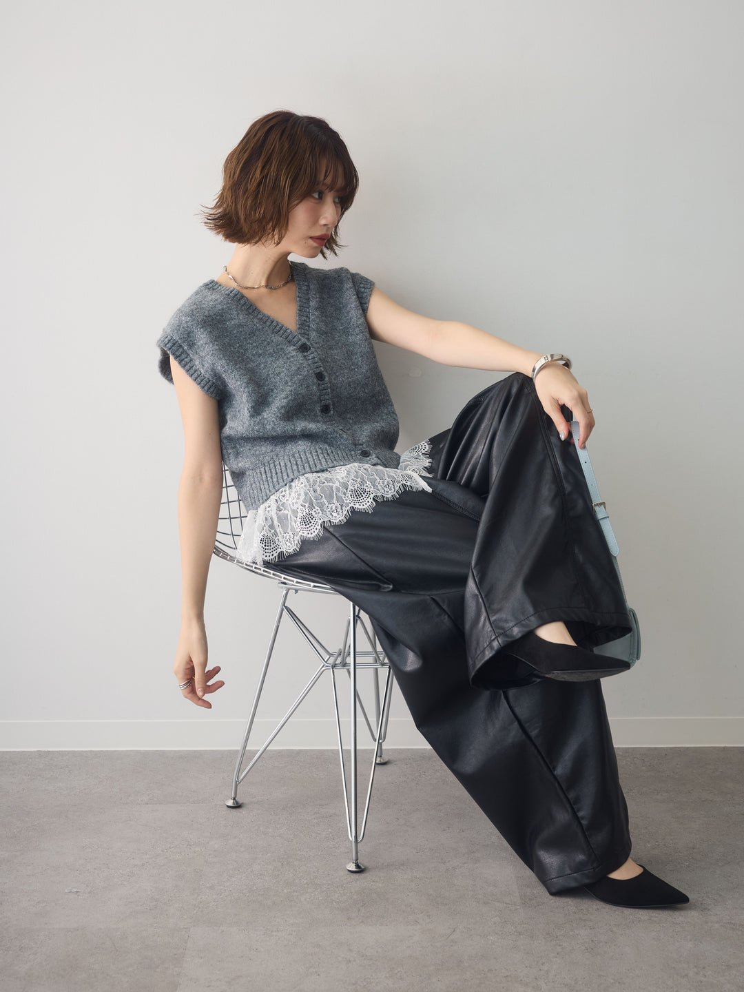 [予約]モヘアレースドッキングベスト/charcoal