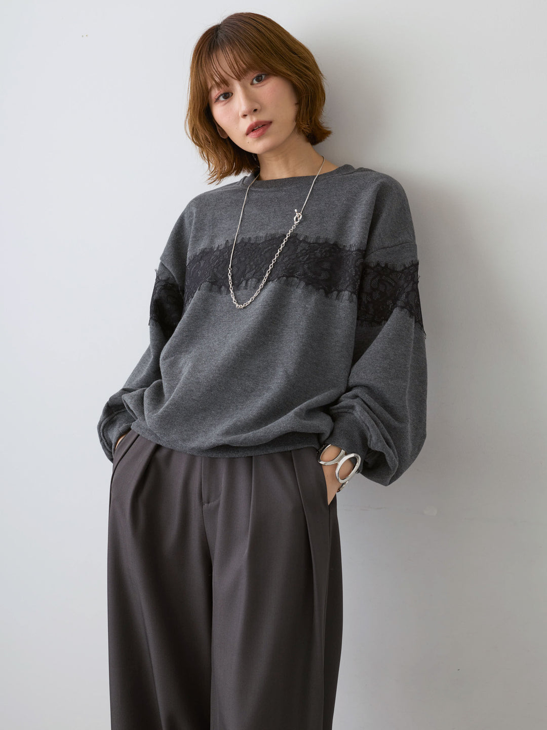 [SET]裏毛レースドッキングプルオーバー+ツイルタックワイドパンツ(2set)