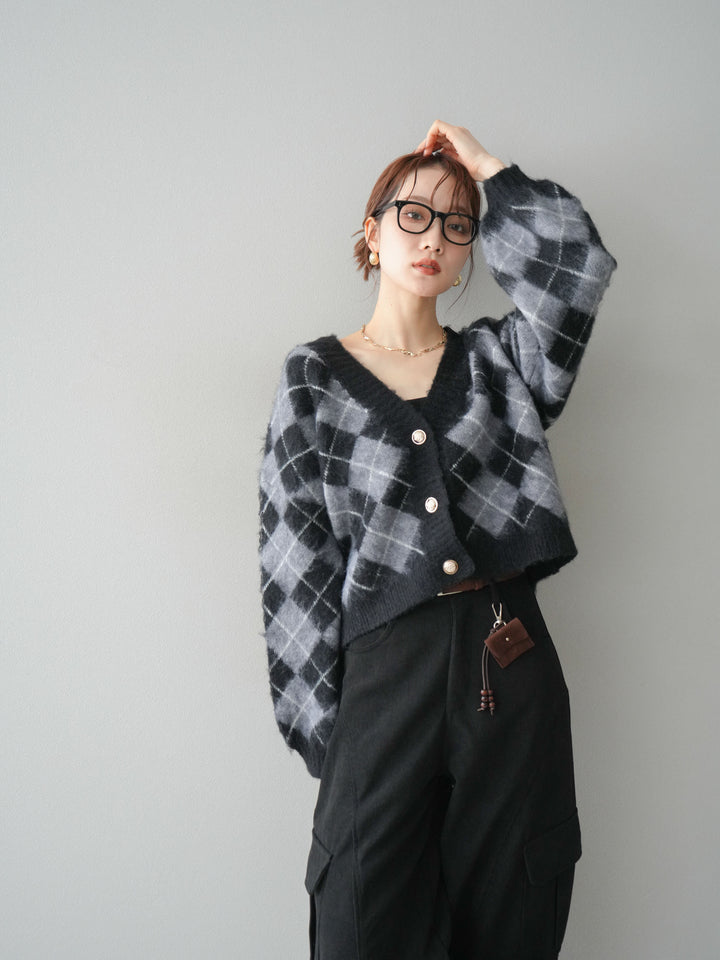 [予約]アーガイルシャギーニットカーディガン/gray