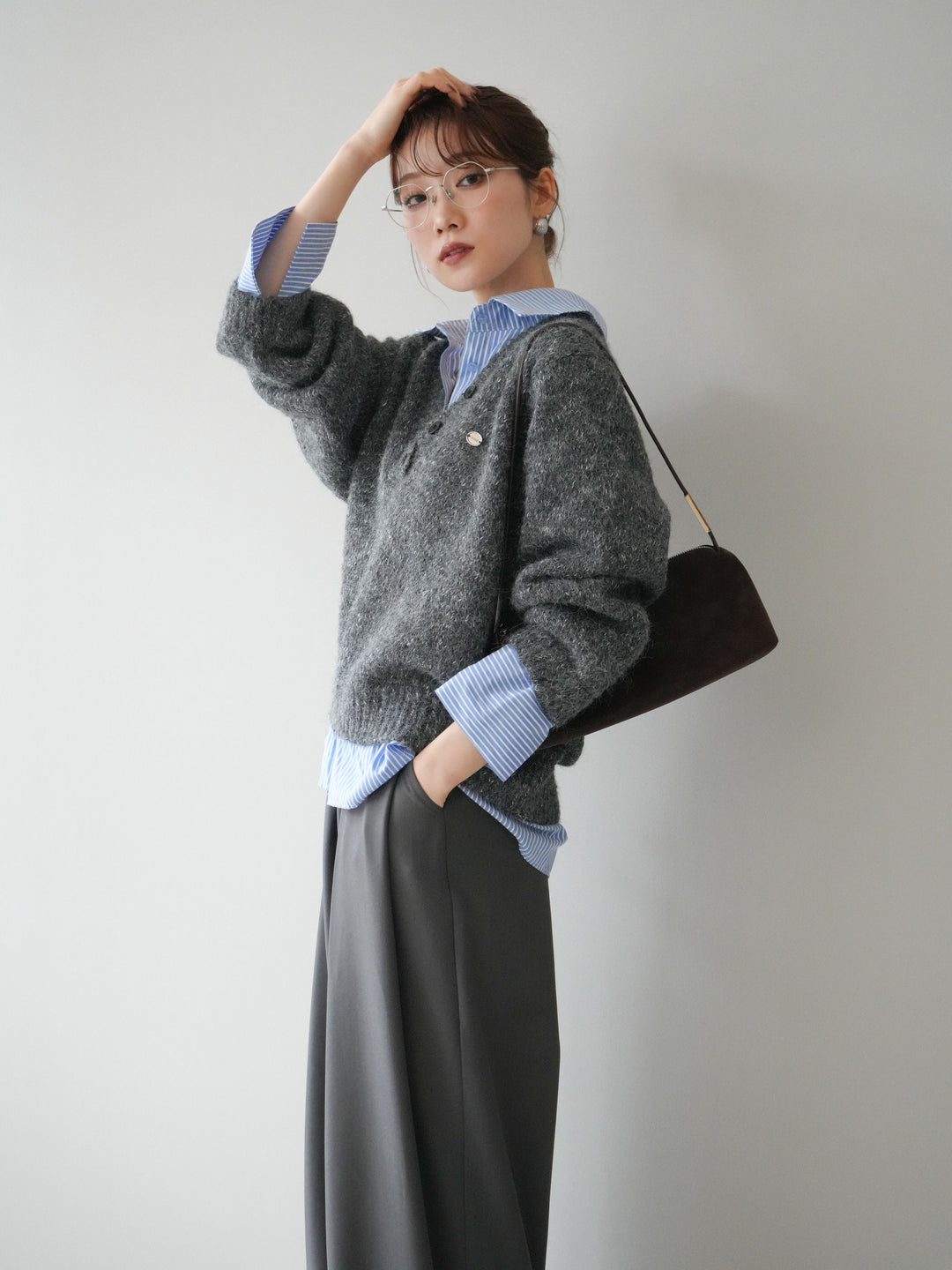 [SET]ストライプシャツドッキングMIXヤーンニットプルオーバー+ベルトループデザインワイドパンツ(2set)