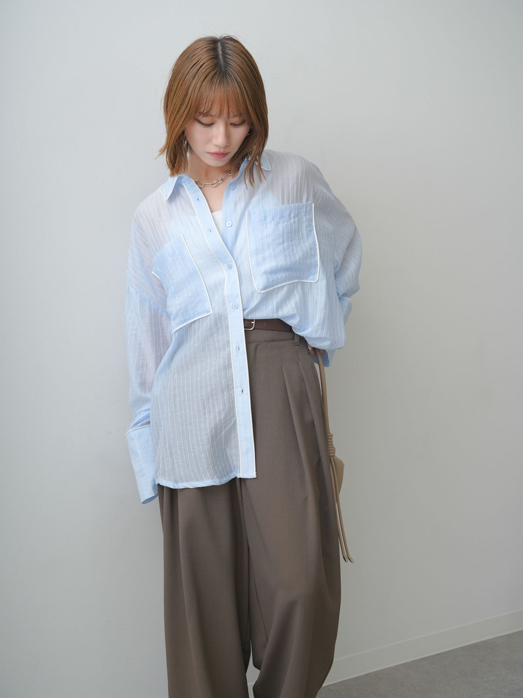 [SET]バイカラートリムオーバーストライプシャツ+クレープデシンタックワイドパンツ(2set)