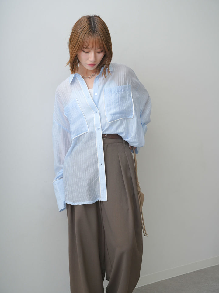 [SET]バイカラートリムオーバーストライプシャツ+クレープデシンタックワイドパンツ(2set)