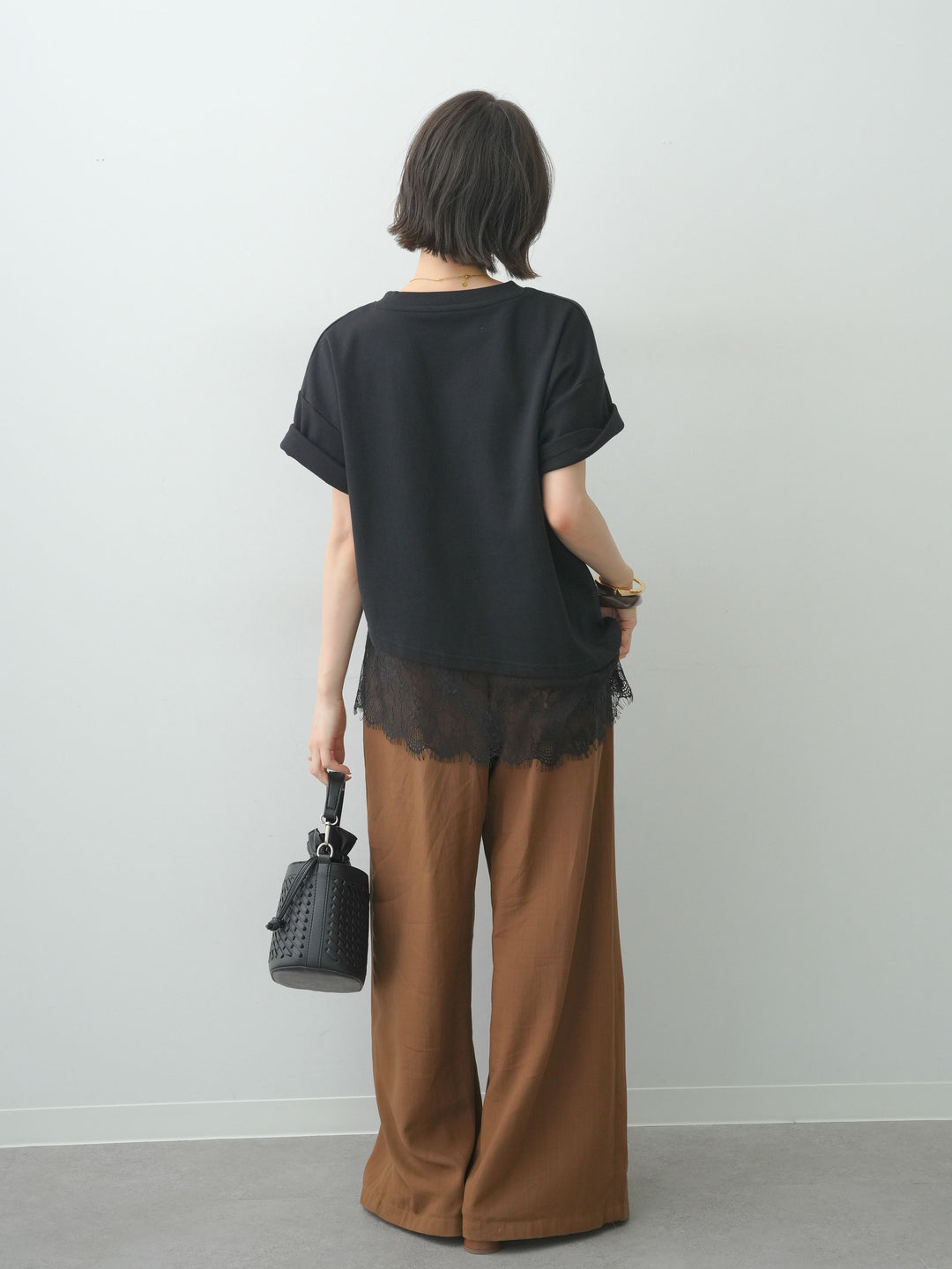 [SET]アシメレースヘムワイドTEE+ベルトデザインタックドレープワイドパンツ(2set)