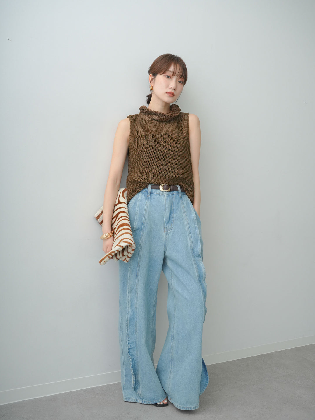 [予約]ドライタッチオフタートルメッシュニットトップス/brown