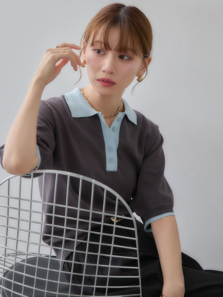 [SET]クールタッチバイカラーハーフニットポロ+ヘムボタンタックコクーンパンツ(2set)
