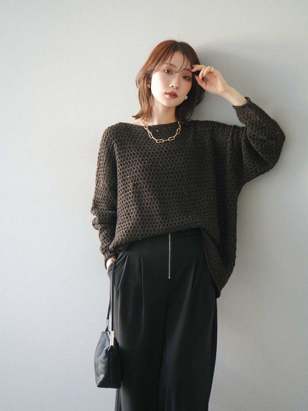 [予約]ネップ透かし編みオーバーニット/brown