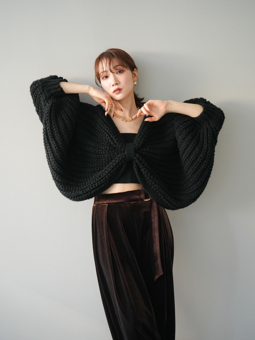 [SET]ローゲージ畦編みドルマンニットボレロ+選べるアクセセット(2set)