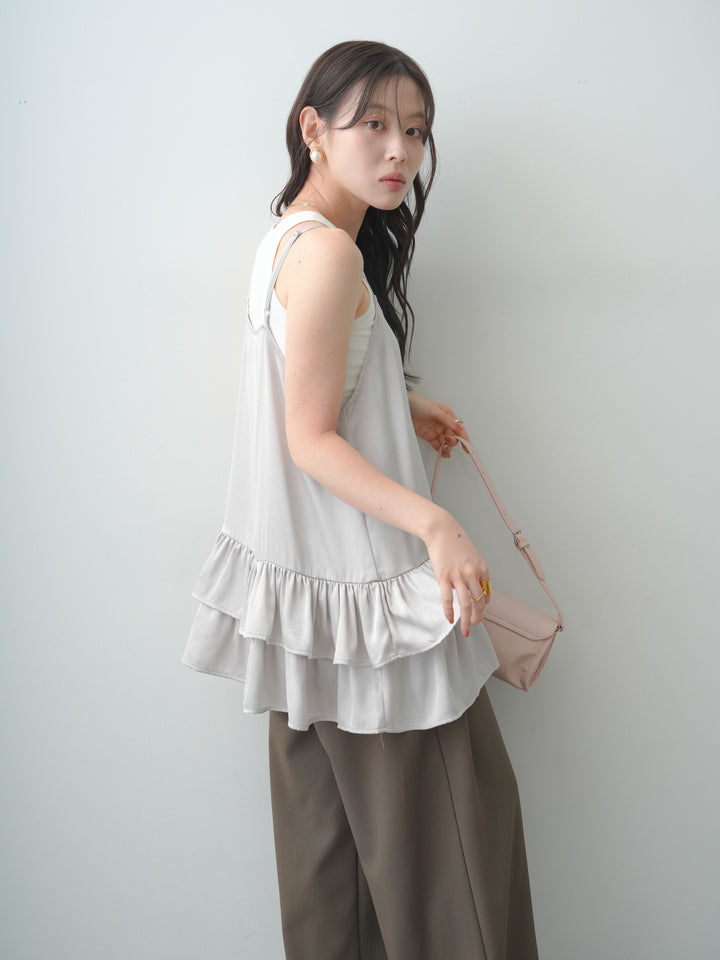 [SET]サテンティアードチュニックキャミソール+カップ付アメスリタンクトップ+クレープデシンタックワイドパンツ(3set)