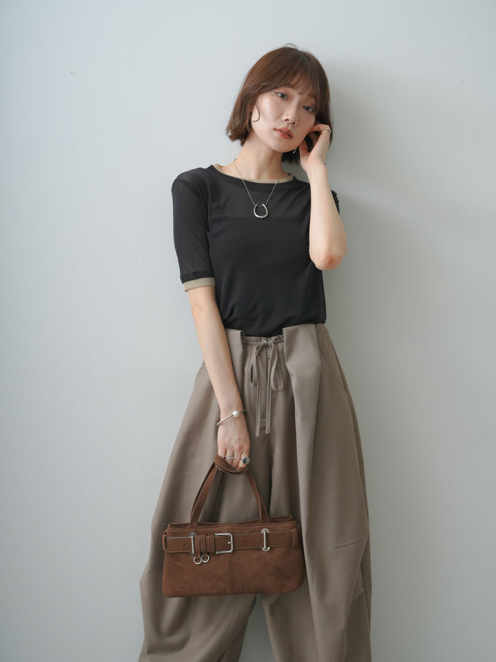 [予約]トリムレイヤードシアー半袖トップス/black