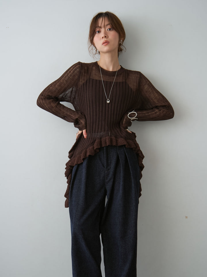 [予約]ヘムフリル透かし編みニットトップス/brown