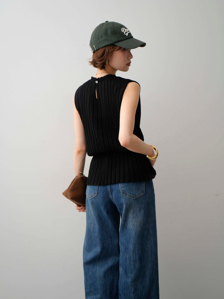 [予約]ウエストギャザーリブニットノースリトップス/black