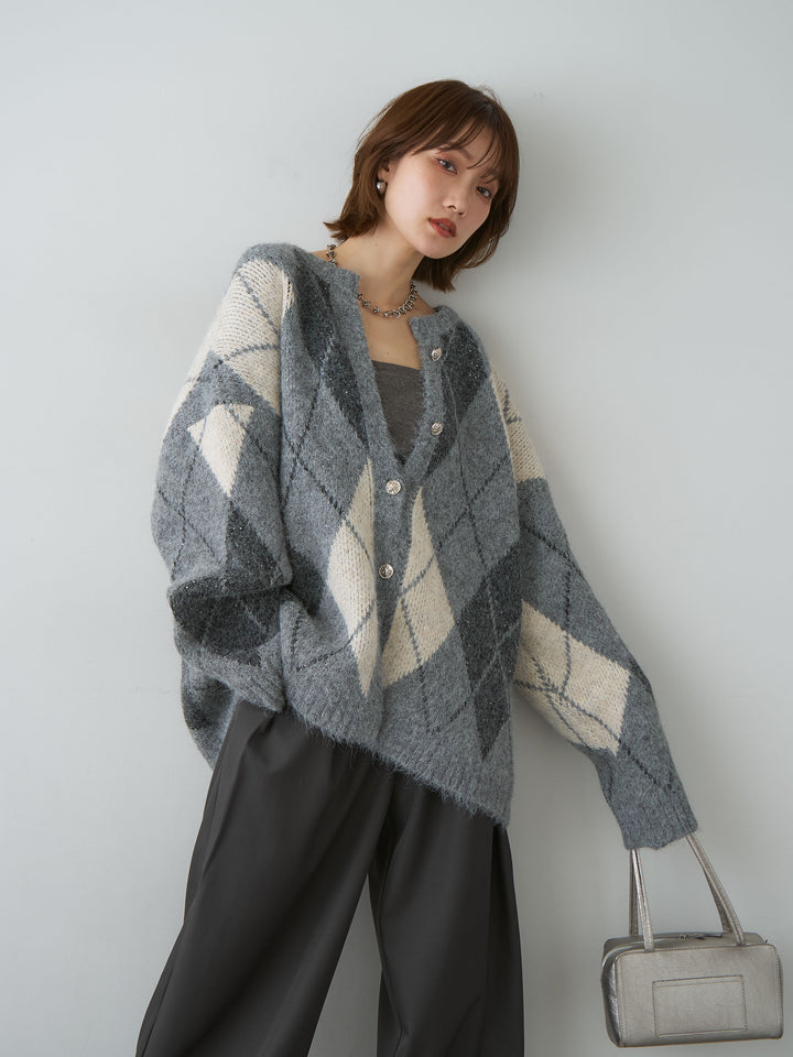 [SET]アーガイルスパンコールビッグニットカーディガン+ツイルタックワイドパンツ(2set)