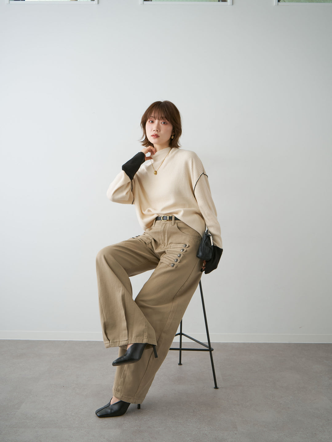 [SET]バイカラーモックネックリブニットトップス+バイカラーモックネックリブニットトップス(2set)