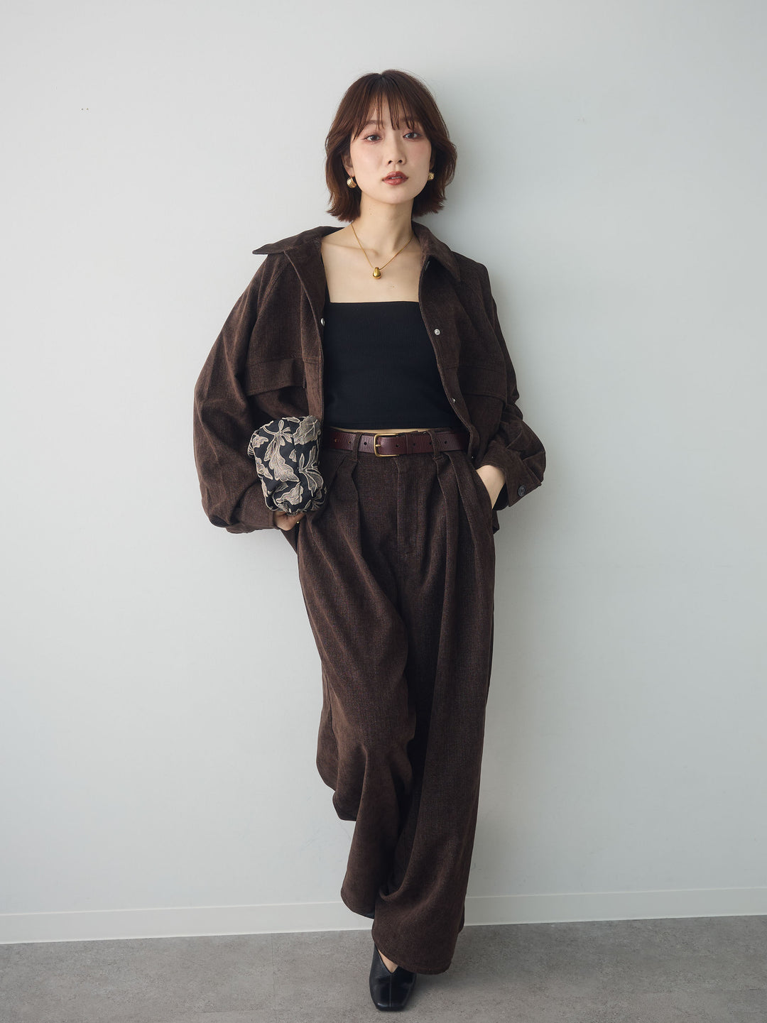 [SET]ベロアデニムシャツ+ベロアデニムタックワイドパンツ(2set)