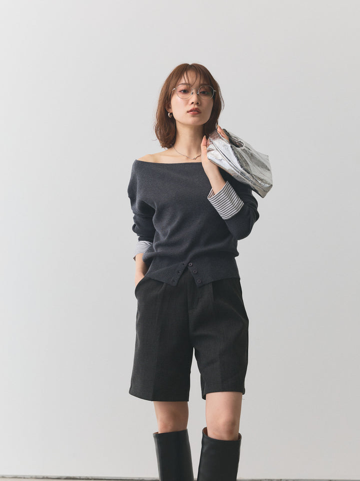 【Allure】[SET]シャツカフスフロントスリットニットプルオーバー+ノーカラーステッチデザインジャケット(2set)