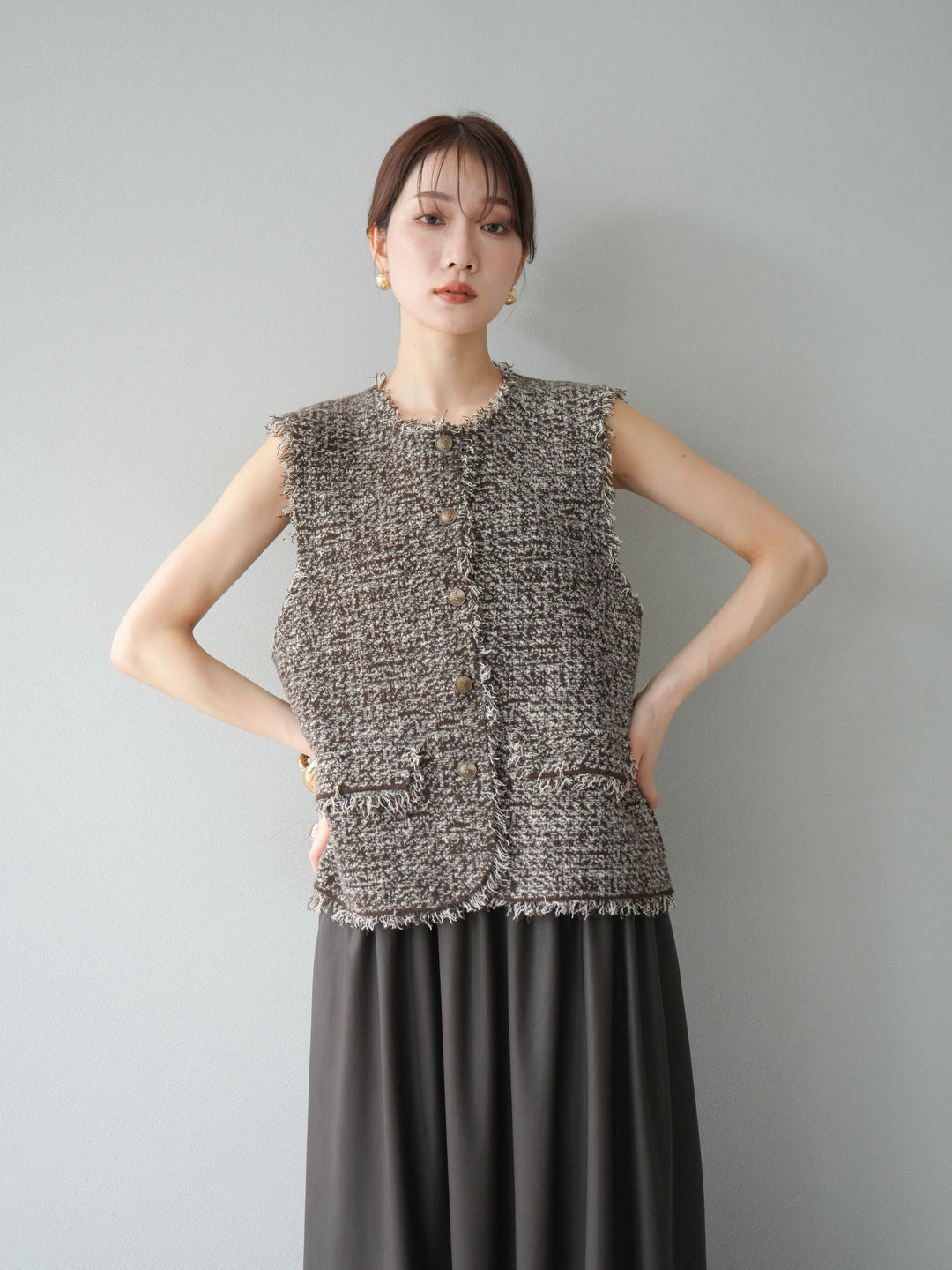 [予約]ミックスツイードフリンジニットベスト/ブラウン