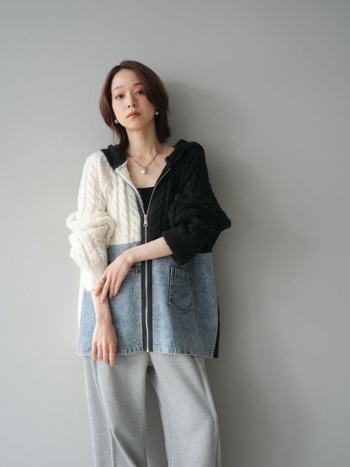 [予約]デニム×バイカラーニットZIPフーディ/black