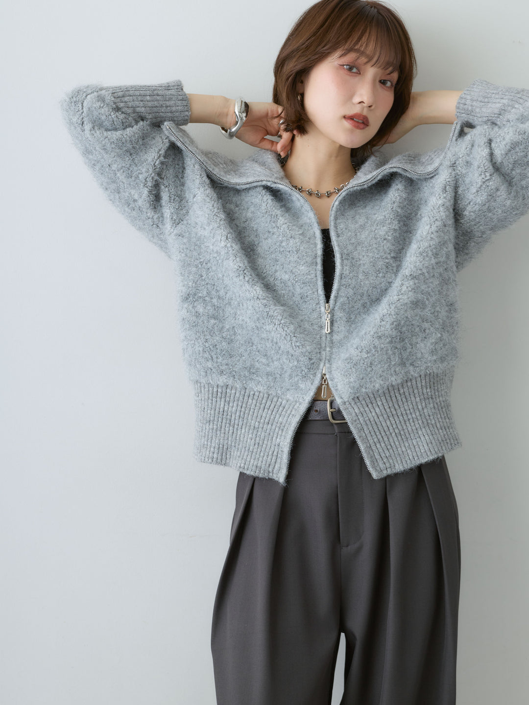 [SET]ビッグカラーシャギーニットブルゾン+ツイルタックワイドパンツ(2set)