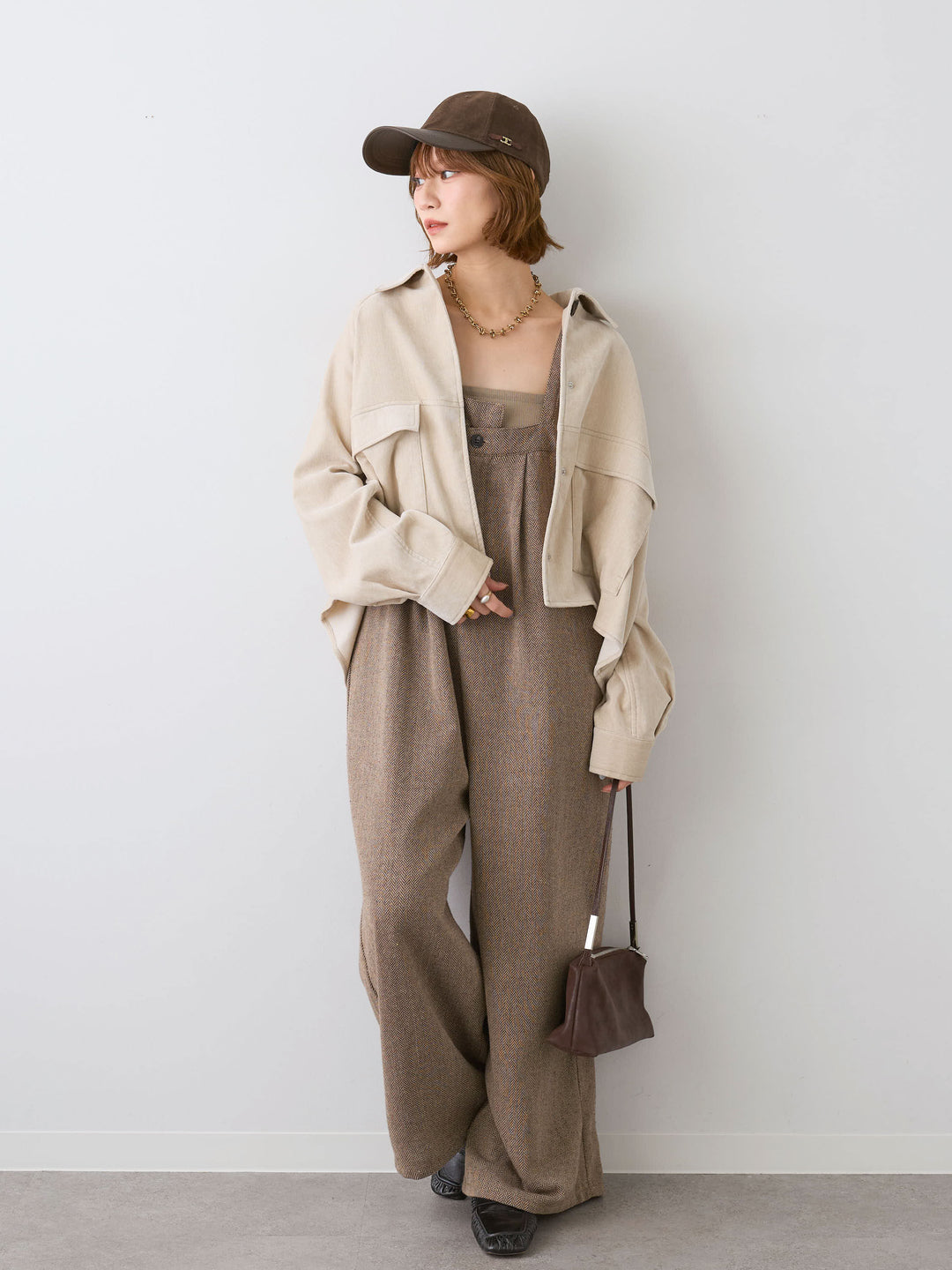 [予約]ヘリンボーンサロペット/beige