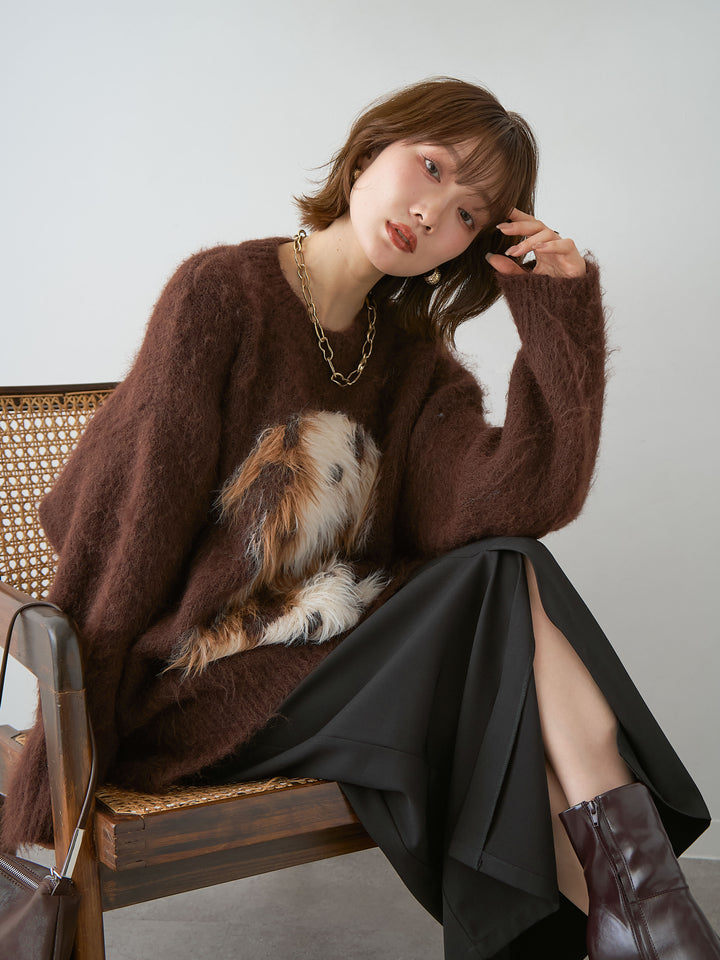 [SET]シャギードッグモチーフニットトップス+クレープデシンフラップ付きストレートスカート(2set)