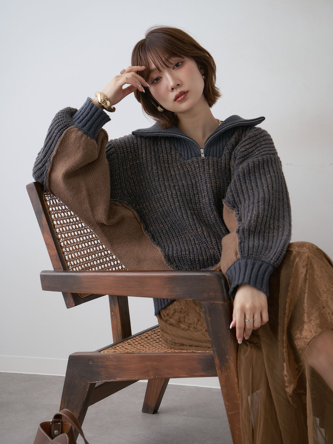 [予約]バイカラーハーフジップリブニットトップス/navy