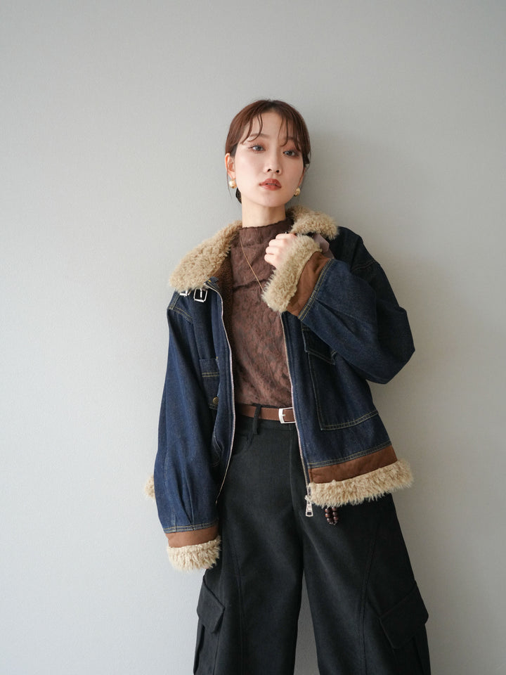 [予約]スタンドカラーファー×デニムジャケット/indigo